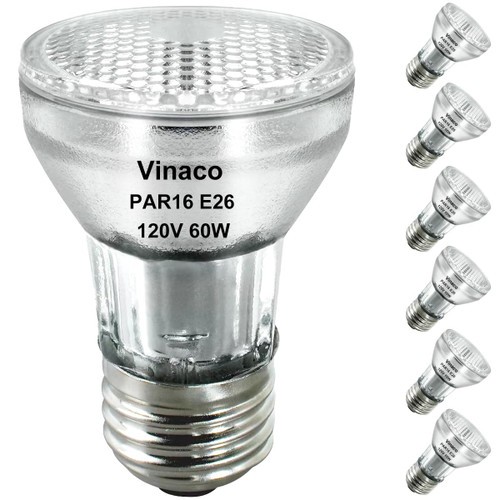 Vinaco PAR16 Halogen Bulb 60 Watt, 6 Pack High Output 480LM Flood, Warm White 2800K, Dimmable with E26 Base, Long Neck for Ceiling Light