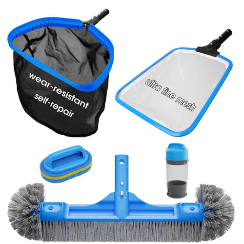 TidyMister All in One Pool Cleaning Kit - 18'' Repairable Pool Nylon Net & 18'' Detachable Round Brush & 11'' Fine Mesh Skimmer Net & Pool Chlorine Floater & Handy Scrubber for Water Line Cleaning