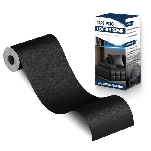 Zenyao Leather Repair Patch Tape - Self Adhesive Leather Repair Kit for Car Seat Furniture, Heavy Duty Vinyl Repair Patch for Couch Sofa, Waterproof for Rips Scratches Tears, 3x60 Inch Roll, Black