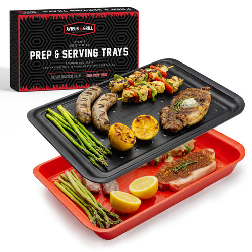 AVIEUS Grill Prep and Serve Trays | Set of 2 Stackable, Melamine Trays | Serving Tray & Marinating Tray | Serving Platter for Plating Food & BBQ Prep Tub for Marinating Meats | Grill Accessories |