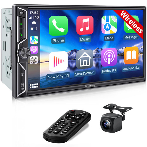 SJoyBring 7-Inch Double Din Car Stereo with Wireless CarPlay and Android Auto, 4.2-240W Channel Audio Output, Bluetooth 5.3, MirrorLink, HD QLED Touchscreen, Backup Camera, AM/FM Car Radio