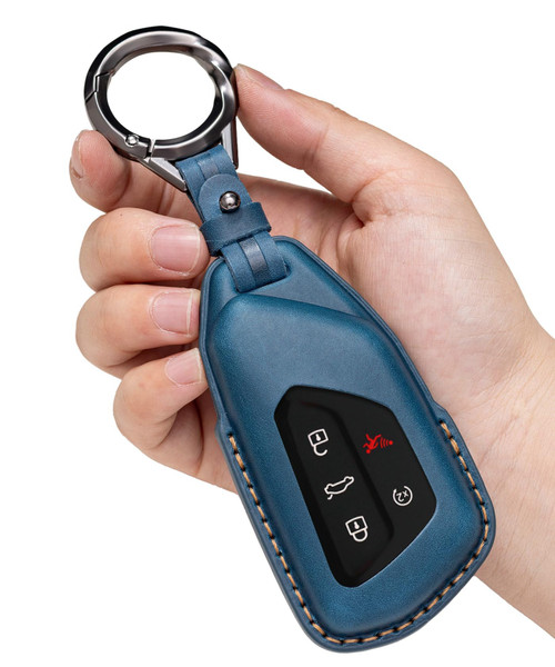 YONUFI for VW Atlas Key Fob Cover Leather Car Remote Case Holder Keychain Compatible for Volkswagen ID4 GTI Tiguan MK8 Golf 2026 2025 2024 -Blue