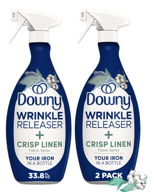 Downy Wrinkle Releaser Spray, All In One Formula, Removes Wrinkles, Static and Odor Eliminator, Crisp Linen Scent, 33.8 Fl Oz, Pack of 2 (Packaging May Vary)