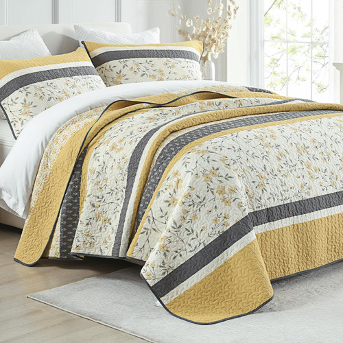 DUOHONG 100% Cotton Quilt Set King Size, King Quilt, Patchwork Striped Botanical Quilted Bedspread Lightweight Comforter for King Bed, 3pcs, Yellow