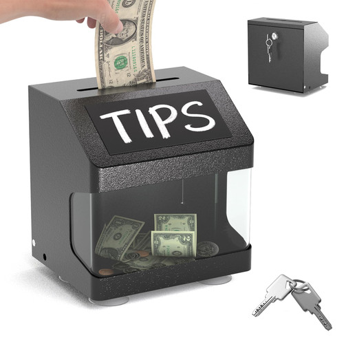 POCHAR Metal Tip Box - Tip Jar with Lock & Keys - Suggestion Box Offering Prayer Voting Boxes with Chalkboard Label, Locking Latch - Black Donation Boxes for Fundraising Church, 7.9" x 6.3"