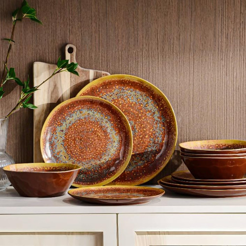 FINE&NICE Melamine Dinnerware Set of 12Pcs, Dish Set for 4, Lightweight Unbreakable Plate and Bowl Set for Patio, RV and Camping, Dishwasher Safe,Rusty Brown