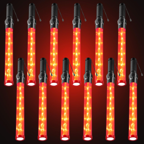 Kanayu 12 Pieces Signal Traffic Wand LED Traffic Control Baton with 3 Flashing Modes Light up Baton Safety Control Wand for Airport Parking Guide Outdoor Camping Parking(21 Inch)