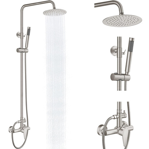 GBBNE Outdoor Shower Kit,Outdoor Shower Fixtures Faucet System Single Handle Brass Valve,8 Inch Rainfall Shower Head and Handheld Spray Dual Function Wall Mount SUS304 Brushed Nickel