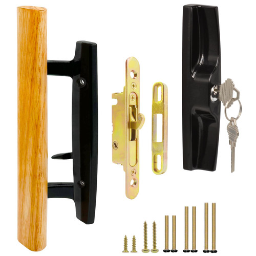 TPard Sliding Glass Patio Door Handle Set with Key Cylinder and Mortise Lock 45° Keyway, Oak Wood Inside Handles and Zinc Diecast Outside Pull, 3-15/16" Hole Spacing, Non-Handed, Black