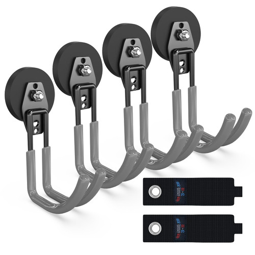 3-H Extra Strong Magnetic Hooks,Heavy Duty Large Anti-Slip Magnet Hooks J Shape,No-Drill Tool Holder for Garage,Power Drill,Garden Tools,Hose Storage,4 Pack Gray