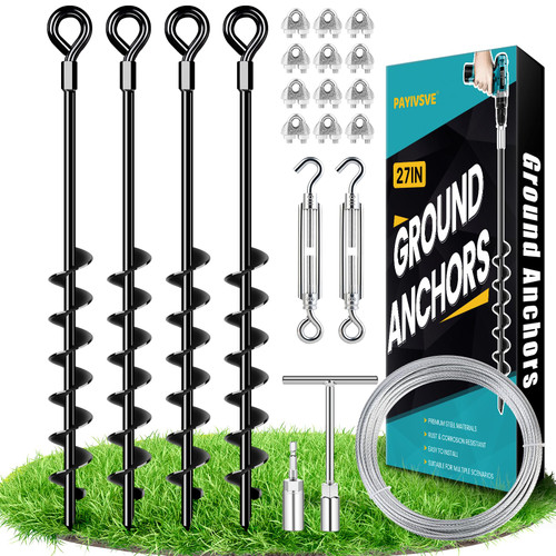27" Ground Anchors Heavy Duty Shed Anchors Kit, Mobile Home Anchor with 3/16" Galvanized Cable and Turnbuckles for Sheds Canopy Gazebo Trampoline Swing Set(4x27in)