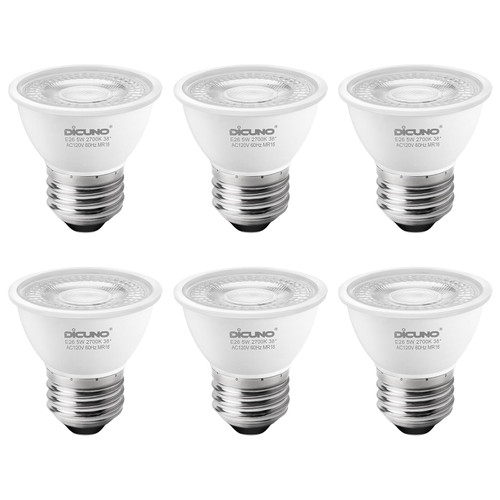 DiCUNO PAR16 LED Bulb Dimmable, 5W Short Neck Spotlight Bulb, 550Lumen, 38° Beam Angle, Warm White 2700K, 50W Equivalent E26 LED for Recessed Light, Curio Cabinet, Pack of 6