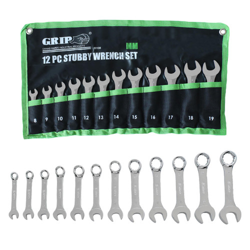 Grip 12 pc Master Stubby Combination Wrench Set Metric - 12 Point 15 Degree Offset Boxed End - Chrome Vanadium Steel - Chrome Plated - Storage Pouch