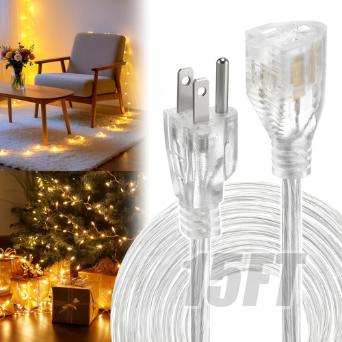 3 Prong Clear Extension Cord - 15 FT Male to Female Invisible Indoor Power Cable, UL-Certified, 3 x 18 AWG 250V 6A