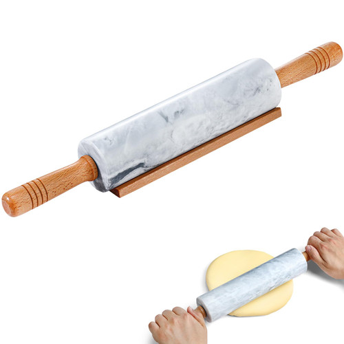Gymdin Marble Rolling Pin - 18.9" Marble Rolling Pins for Baking, Pastry, Pizza Dough & More - Polished Non-Stick Surface, Long Dough Roller with Wooden Handles & Base