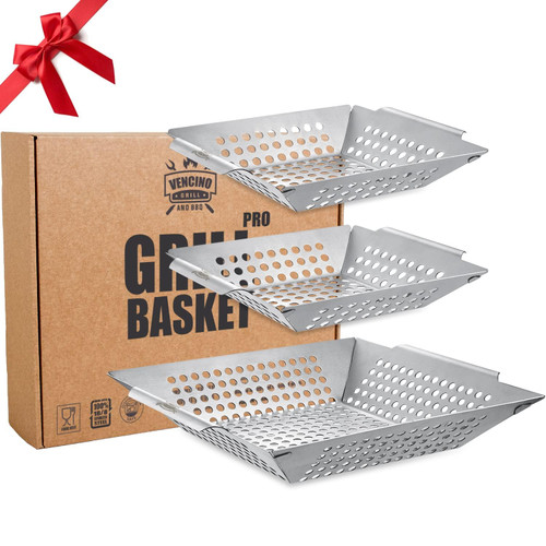 3 Pack Grill Baskets for Outdoor Grill, Heavy Duty Stainless Veggie Pan Set