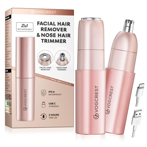 VG VOGCREST Nose Trimmer for Women: 2 in 1 Rechargeable Facial Hair Removal - Portable Mini Face Shaver for Chin Lip Peach Fuzz Ideal for Travel Use
