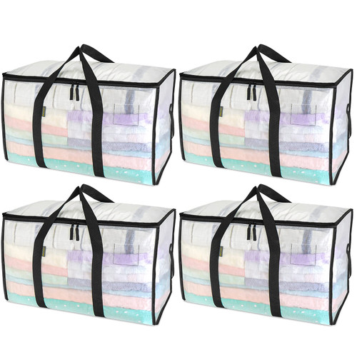 BALEINE 4-Pack Oversized Moving Bags with Reinforced Handles, Heavy-Duty Storage Tote for Clothes, Moving Supplies (Clear, 4-Pack)