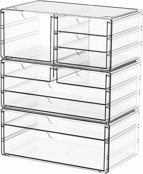 Yieach 3Pack Clear Drawer Organizers Stackable,Acrylic Storage Drawers With 10 Drawers,Multipurpose Office Supply Organizer and Makeup Organizer for Beauty,Craft,Pen,Medical,Stationary Desk Organizers