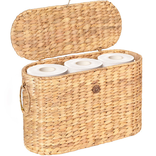 SIEUSALEVN Toilet Paper Storage, Water Hyacinth Baskets with Lid, Toilet Paper Baskets for Storage Holder 6 Rolls, Papers Basket with Built-in Handles for Organizer, Bathroom Accessories Organizer