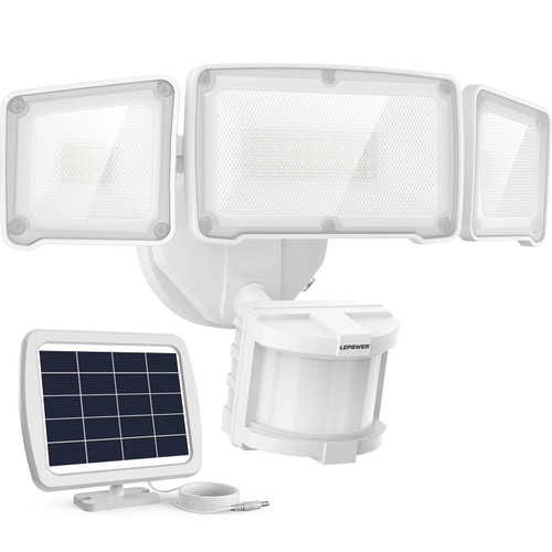 LEPOWER 1600LM LED Solar Security Lights Motion Outdoor, Motion Sensor Light, 5500K White Light, IP65 Waterproof Outdoor Flood Solar Light with 3 Adjustable Head for Yard, Garage（White）