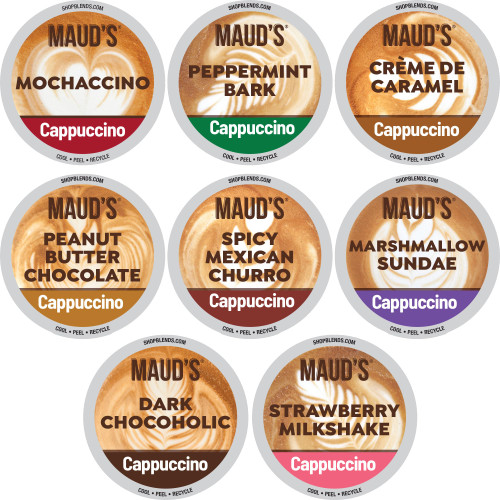 Maud's Cappuccino Coffee Pods Variety Pack, 56 ct, 8 Assorted Flavors, Recyclable Single Serve Pods – Compatible with Keurig K Cups Maker Maud's Cappuccino Coffee Pods Variety Pack, 56 ct, 8 Assorted Flavors, Recyclable Single Serve Pods – Compatible with Keurig K Cups Maker