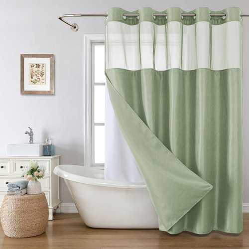 eachope No Hook Waffle Weave Shower Curtain with Snap-in Fabric Liner Set,Sage Green Shower Curtains for Bathroom with See Through Top Window,Water Repellent & Washable,71Wx74H