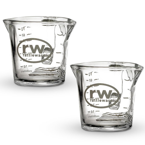 Rattleware Espresso Shot Glass Pitcher – Double Spouted Genuine Barista Measuring Cup with Graduations in Ml & Oz – High-Volume, Commercial-Grade for Swift Espresso Pouring & Precision (3 Oz, 2-Pc)