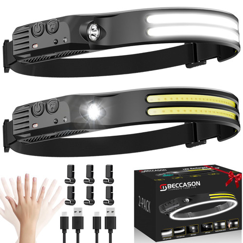 Beccason 2Pack LED Headlamp Rechargeable - 230° COB Super Bright Head Lights for Forehead, Hard hat Light for Adults, USB C Headband Flashlight for Work, Hunting, Running, Camping Essentials Gear