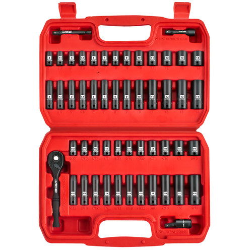 LLNDEI 1/4”Drive Impact Socket Set, 52 PCS Mechanic Tool Set with 72-Tooth Ratchet & Adapter, CR-V, Metric and SAE Sockets Storage Kit for Household Automotive Repair DIY Project