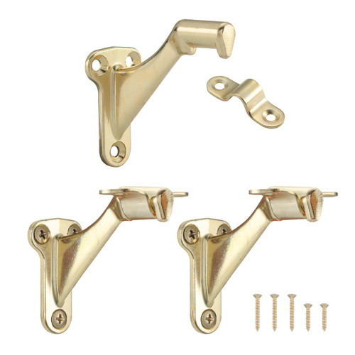 HOME MASTER HARDWARE Handrail Stair Brackets 3" Heavy Duty Staircase Hand Rail Bracket Support Hardware for Home or Office Stairways,Bright Brass with Screws 3-Pack