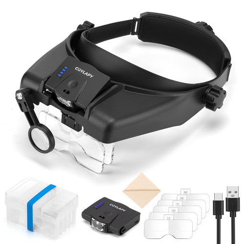 COYLAPY Magnifying Glasses with Light, Versatile Magnifying Glasses for Close Work, 1x - 14x Headband Magnifier with 5 Lenses & Two Led Lamps, Hands-Free Jewelers Loupe Visor for Hobby, Crafts