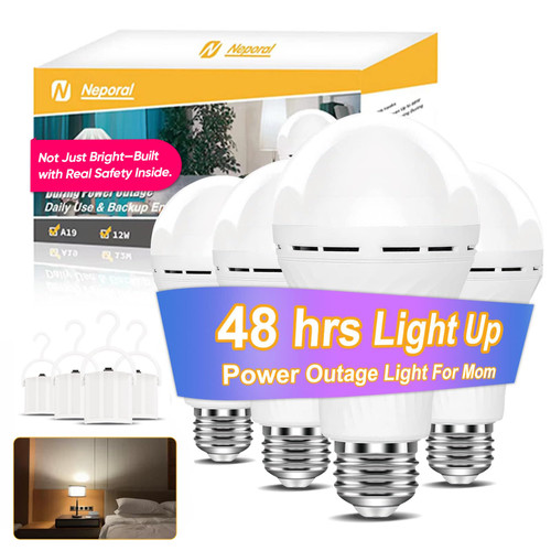 Neporal LITE Emergency Rechargeable Light Bulbs A19, Light Up to 48 hrs, Battery Operated Light Bulb, 5000K E26 LED Bulb, Emergency Lights for Home Power Failure