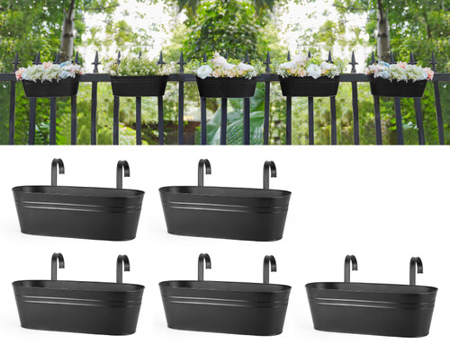 Dahey 5 Pcs Metal Iron Hanging Flower Pots for Railing Fence 15.7 Inch Hanging Bucket Pots Countryside Style Window Flower Plant Holder with Detachable Hooks for Garden Yard Home Decor, Black