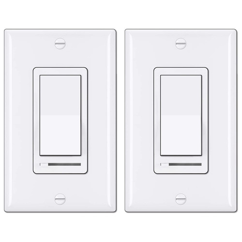 BESTTEN 2 Pack Dimmer Light Switch, Universal Lighting Control, Single Pole or 3 Way, Compatible with LED Dimmable Lamp, CFL, Incandescent, Halogen Bulb, Decorator Wallplate Included, UL Listed, White