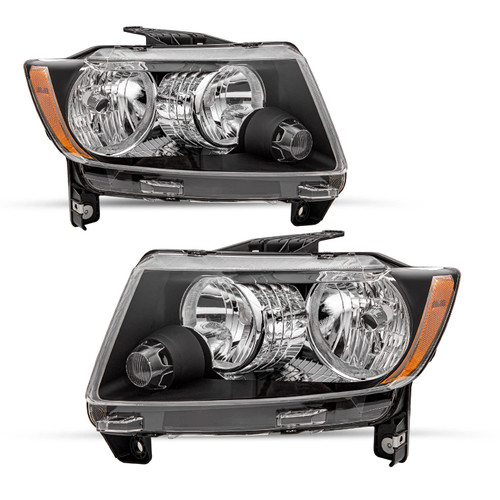 SOCKIR Halogen Headlight Assembly Fit for 2011 2012 2013 Jeep Grand Cherokee 2011-2017 Compass Passenger and Driver Side (NOT for Cherokee) Black Housing with Amber Reflector