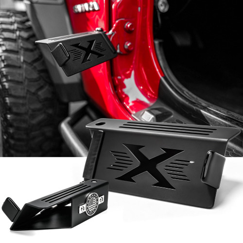 OFFROAD GAMERS 120° Footrest Pedal Compatible with Jeep Wrangler JK JL & Gladiator JT 2007-2024, Heavy Duty Doors Off Foot Pegs, Exterior Door Hinge Accessories, X-Style Design, Pair