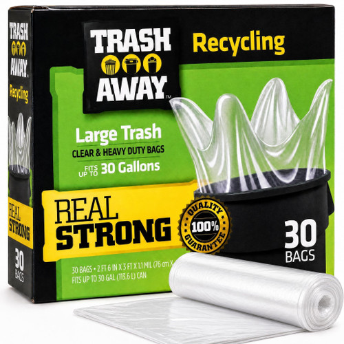 Trash Away Heavy Duty Clear Recycling Bags | Tall & Strong Bags for Home & Kitchen - (30 Ct, 30 Gallons) Large Trash Bags Paper, Plastic & Aluminum | Thick Recycle Bin Bags (Clear)