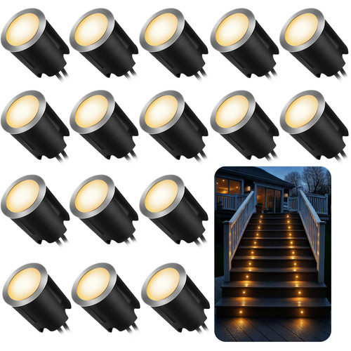 16 Pack LED Recessed Deck Lights with Protecting Shell, IP68 Waterproof Warm White, 0.6W , Outdoor Landscape Lighting, 12V Low Voltage Deck Lights Kit for Garden Yard Step Riser Stair Decoration