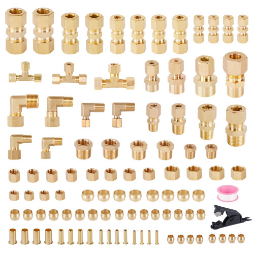 HASAOMOI 101Pcs Brass Compression Tube Pipe Fittings, Air Nylon Tubing Fittings Assortment Kits 1/4" 1/8" 3/8" 1/2" 5/8" Union/Tee/Elbow/Straight Connector for Industrial Use or Trucks Trailers