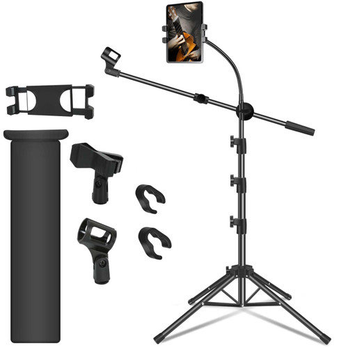 Mic Stand, Microphone Stand Floor Boom Mic Stand with Tablet Phone Holder Height Adjustable Four-legged Stand Gooseneck Boom Arm with 2 Mic Clips for Singing Stage Performance Party