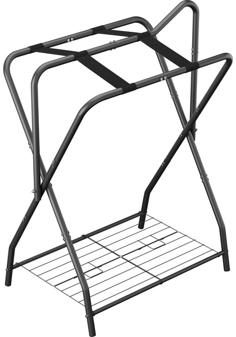 Queension Foldable Saddle Rack for Horse Stable Equipment, Portable Horse Saddle Stand with Bottom Storage for English & Western Saddles, Saddle Pad Rack for Horse tack, Horses Blanket, Black