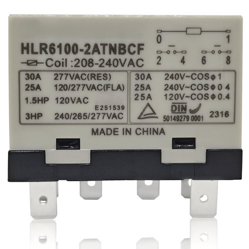 HLR6100-2ATNBCF 208-240VAC Compressor Relay – 30A 277VAC 6-Pin DPST-NO Electrical Relay with Quick Connect Terminals for High-Voltage and Inductive Loads