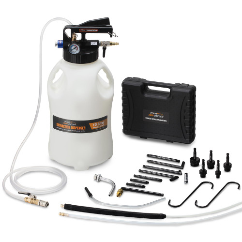 FOUR UNCLES Transmission Fluid Pump - Pneumatic Transmission Fluid Extractor and Dispenser with 15 Metal ATF Adapters and Pressure Gauge for Automotive Use, Transmission Fluid Transfer Pump Kit