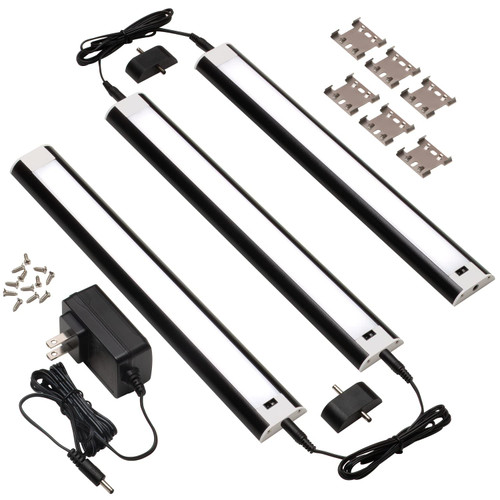 LED Hand Wave Motion Sensor Under Cabinet Lighting Plug In Kit - Dimmable Under Counter Lights for Kitchen - Black Finish - 12 Inch (3Pack) - 12v LED Light Bar - Soft Neutral 3500K - Touchless Dimming