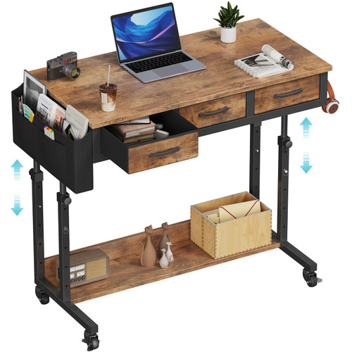 WINAZ Rolling Standing Desk Adjustable Height with Drawers on Wheels, 40 Inch Portable Mobile Stand Up Computer Desks for Bedroom Home Office, Couch Sofa Side Laptop Table with Storage, Rustic Brown