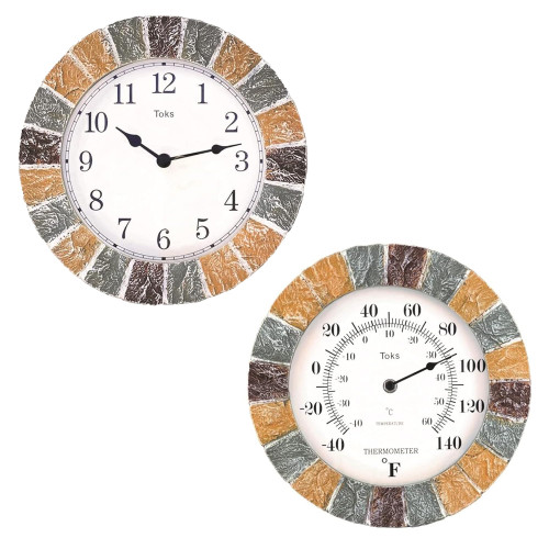 Lily's Home 10 inch Indoor or Outdoor Hanging Wall Clock and Thermometer Set,Stone Frame Battery Operated Quartz Movement, Operated Decor for Family Room, Office, Game Room,Garden, Backyard, Pool