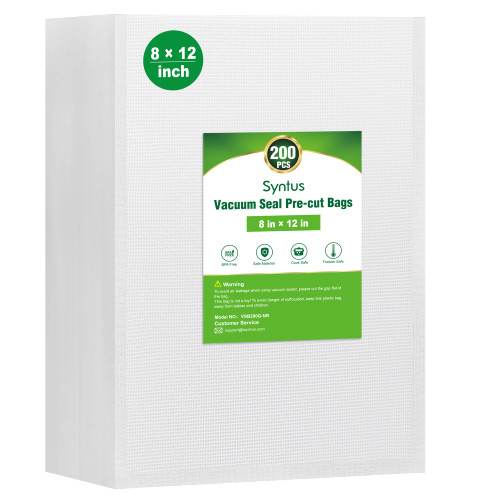 Syntus Vacuum Sealer Bags for Food, 200 Count Quart 8" x 12" Commercial Grade PreCut Bag, BPA Free Food Vac Bags for Storage, Meal Prep or Sous Vide