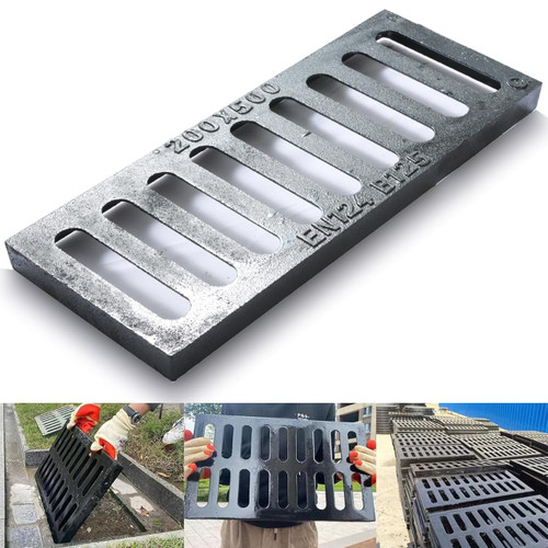 Cast Iron Drain Grate, 8 * 20in Heavy Duty Outdoor Drain Cover, B125 Class Channel Grate, Metal Sewer Grate, Black Square Drainage Grate for Concrete Floor, Yard, Driveway & Garage.