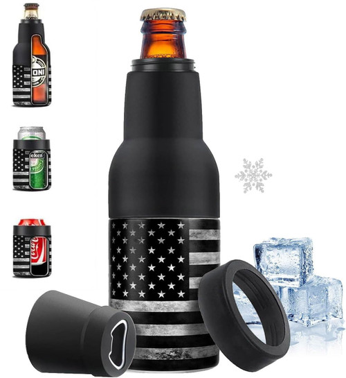 Stepstall Can Cooler Beer Bottle Holder with Beer Opener, 4-in-1 Design Slim Can Beer Bottle Insulators, Double Walled Stainless Steel Insulated, 12 OZ Beer Gifts for Men Father(Black American Flag)